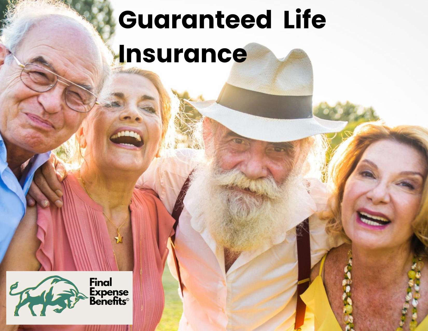 A group of happy seniors with text above them reading "Guaranteed Life Insurance" and the Final Expense Benefits logo.