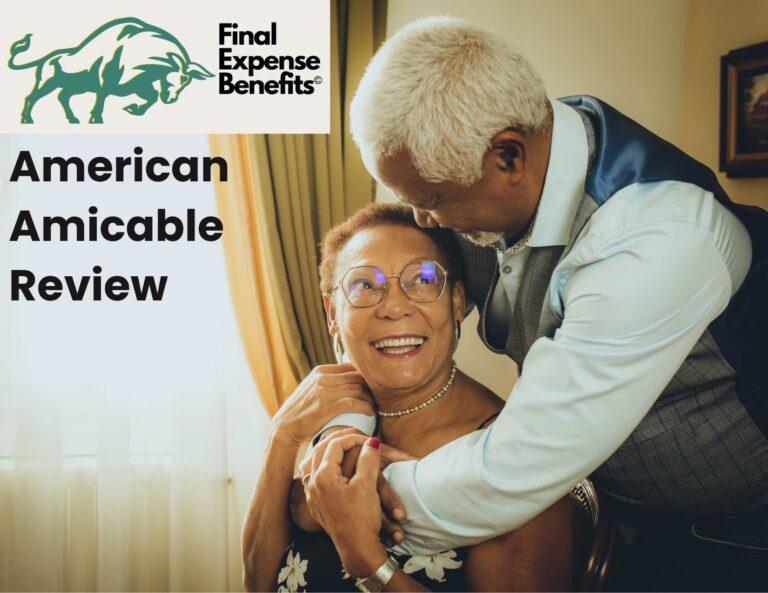 An elderly couple staring into each others eyes in a loving manner. The man is standing behind the woman and hugging her from behind. On the top left corner, the Final Expense Benefits logo is placed with the words "American Amicable Review" below the logo.