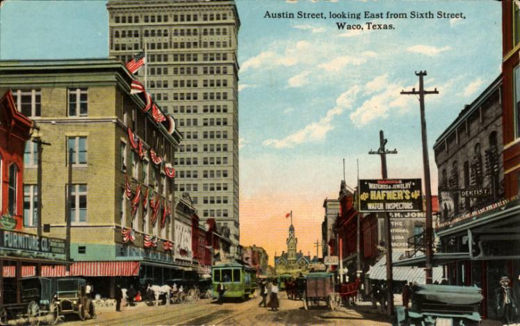 Vintage photo depicting Waco, Texas, skyline in early 1900s with American Amicable building.