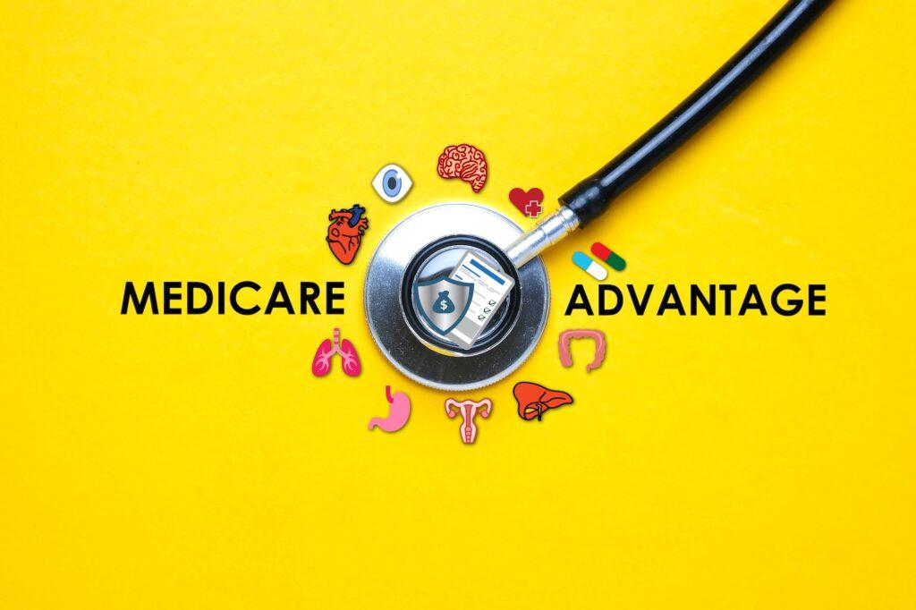 A picture of stethoscope with human organ illustration and Medicare Advantage word.