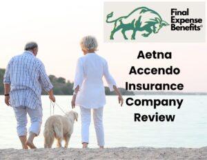 A couple on the beach with their dog. Their backs are facing the camera, and they are in an all-white outfit. The Final Expense Benefits Logo is on the top right of the photo with the words "Aetna Accendo Insurance Company Review" under it.