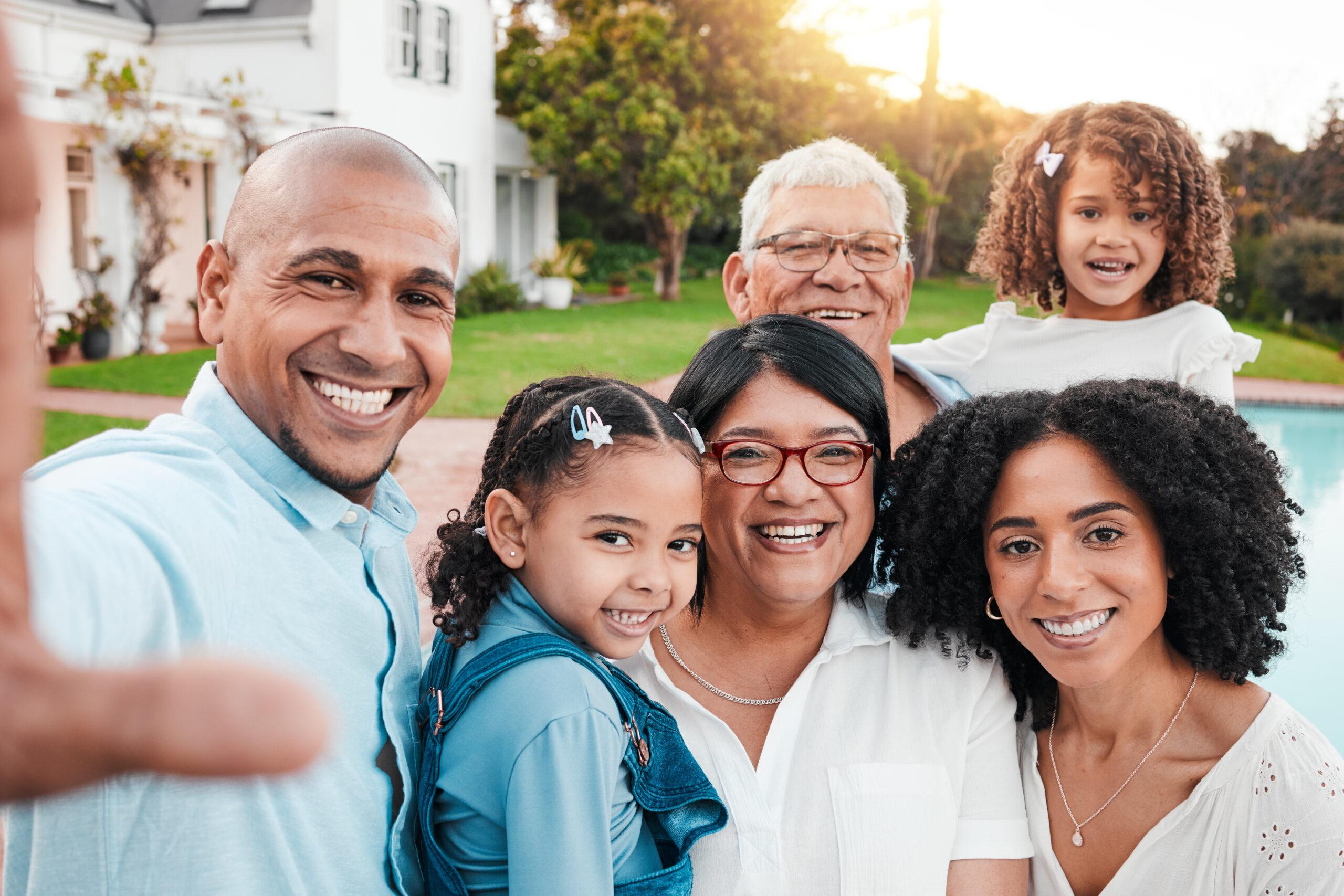 Selfie, big family and bonding on vacation, trip or travel break outside of holiday house.