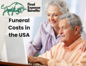 An elderly couple looking at a computer. The man is sitting down while the woman is peering over his shoulder. The Final Expense Benefits logo is on the top left of the image with the words "Funeral Cost in the USA" under it.