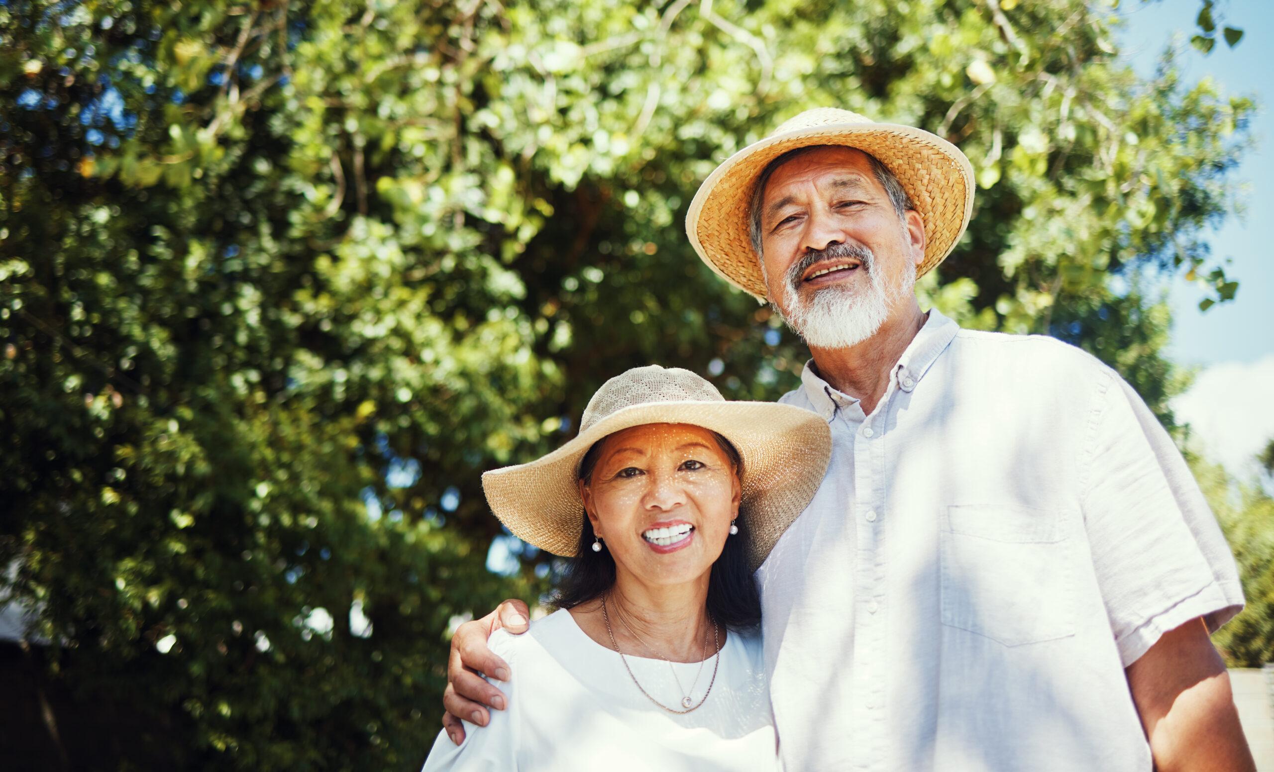 Happy, senior couple and portrait on farm, outdoor and home in countryside with happiness in countr.