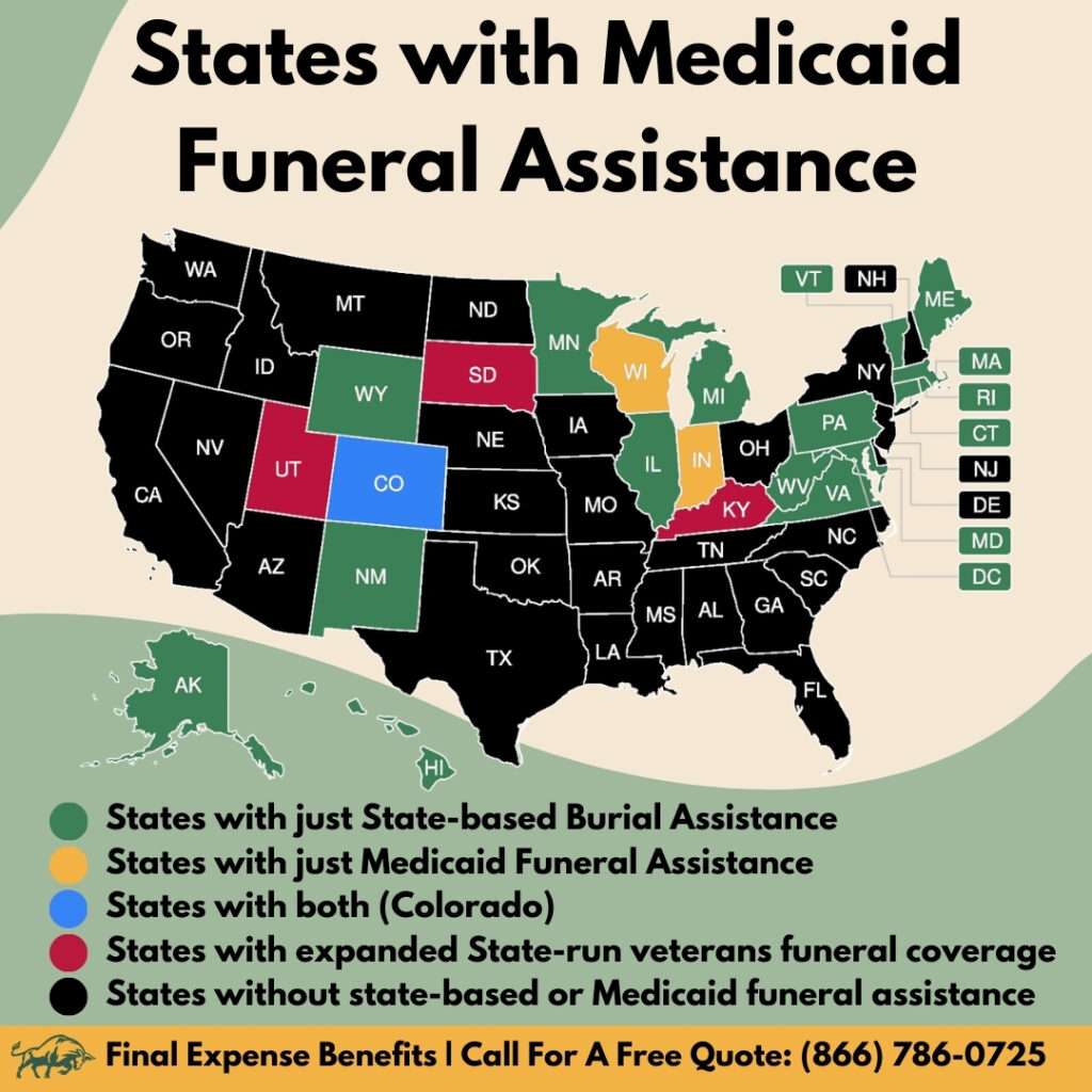 An infographic with a map depicting all states with Medicaid funeral assistance and state burial assistance programs.