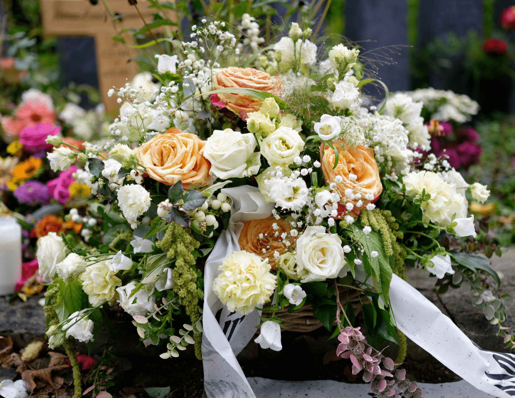 Colorful flowers on casket