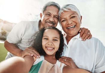 Grandparents, child or selfie portrait in garden pov, nature park or backyard in family bonding, so.